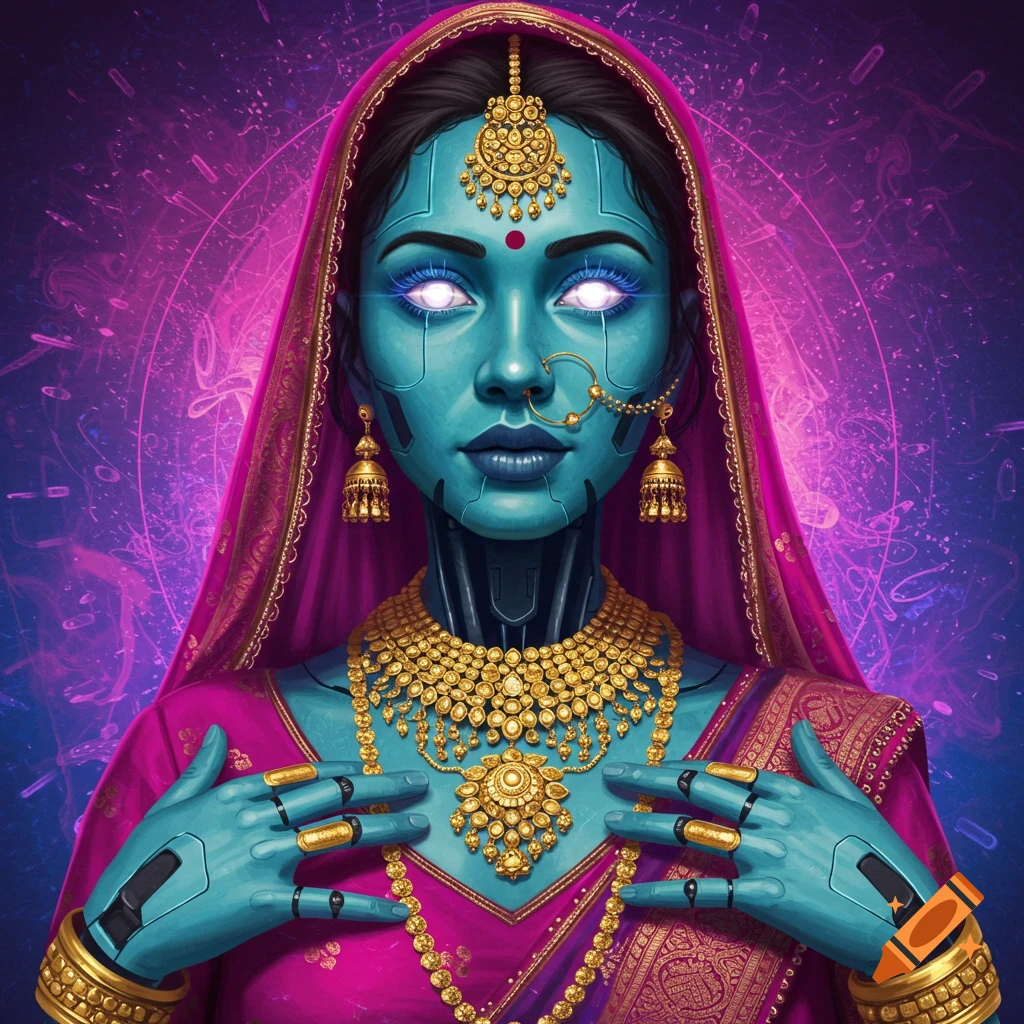A robot is wearing traditional Indian clothing and gold jewelry.