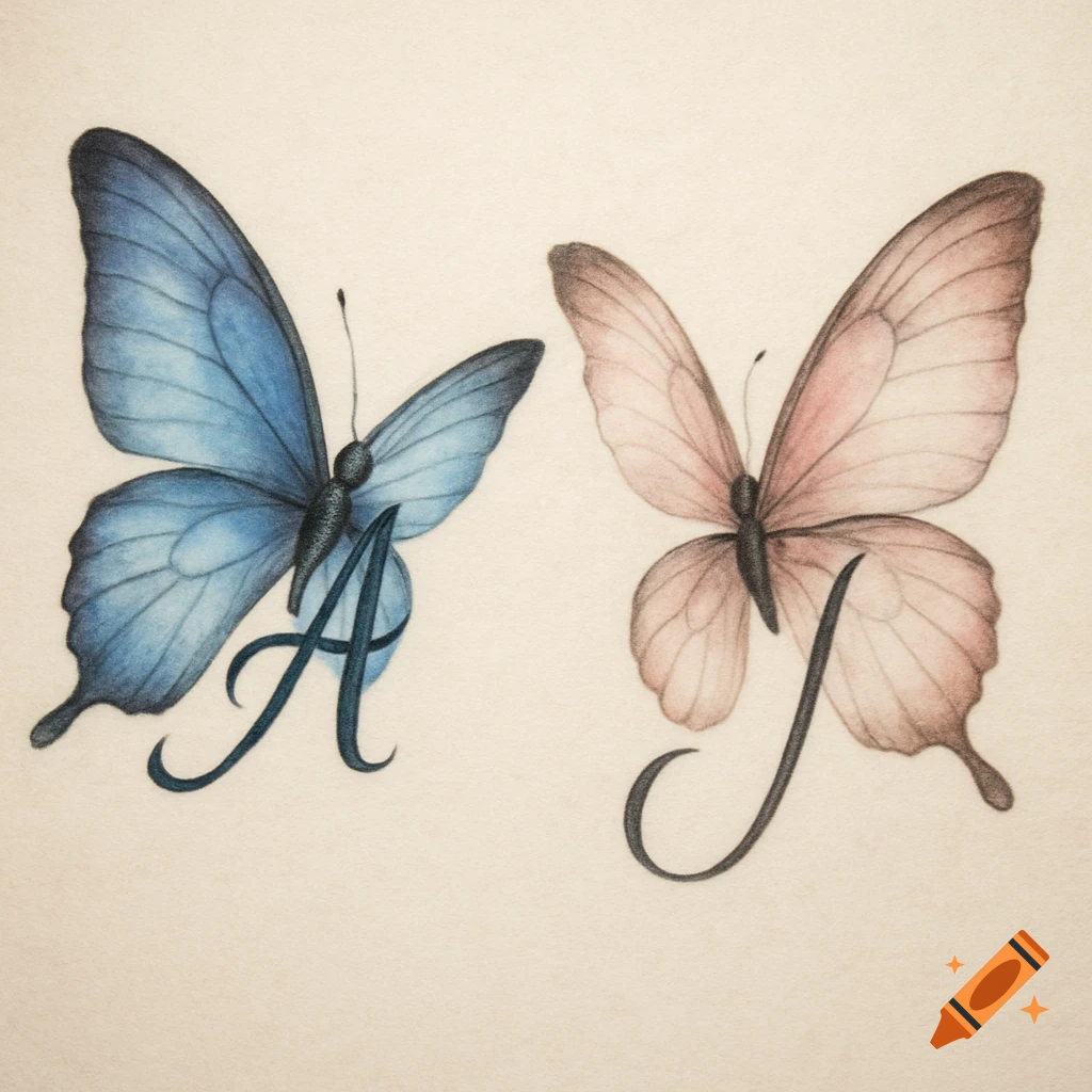 Blue and pink butterflies with integrated letters A and J.
