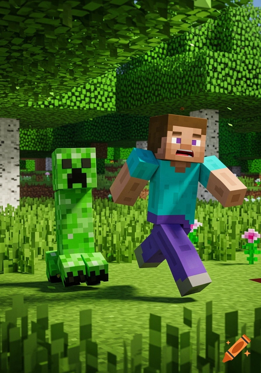 Minecraft Steve runs from a Creeper in a lush green blocky forest.