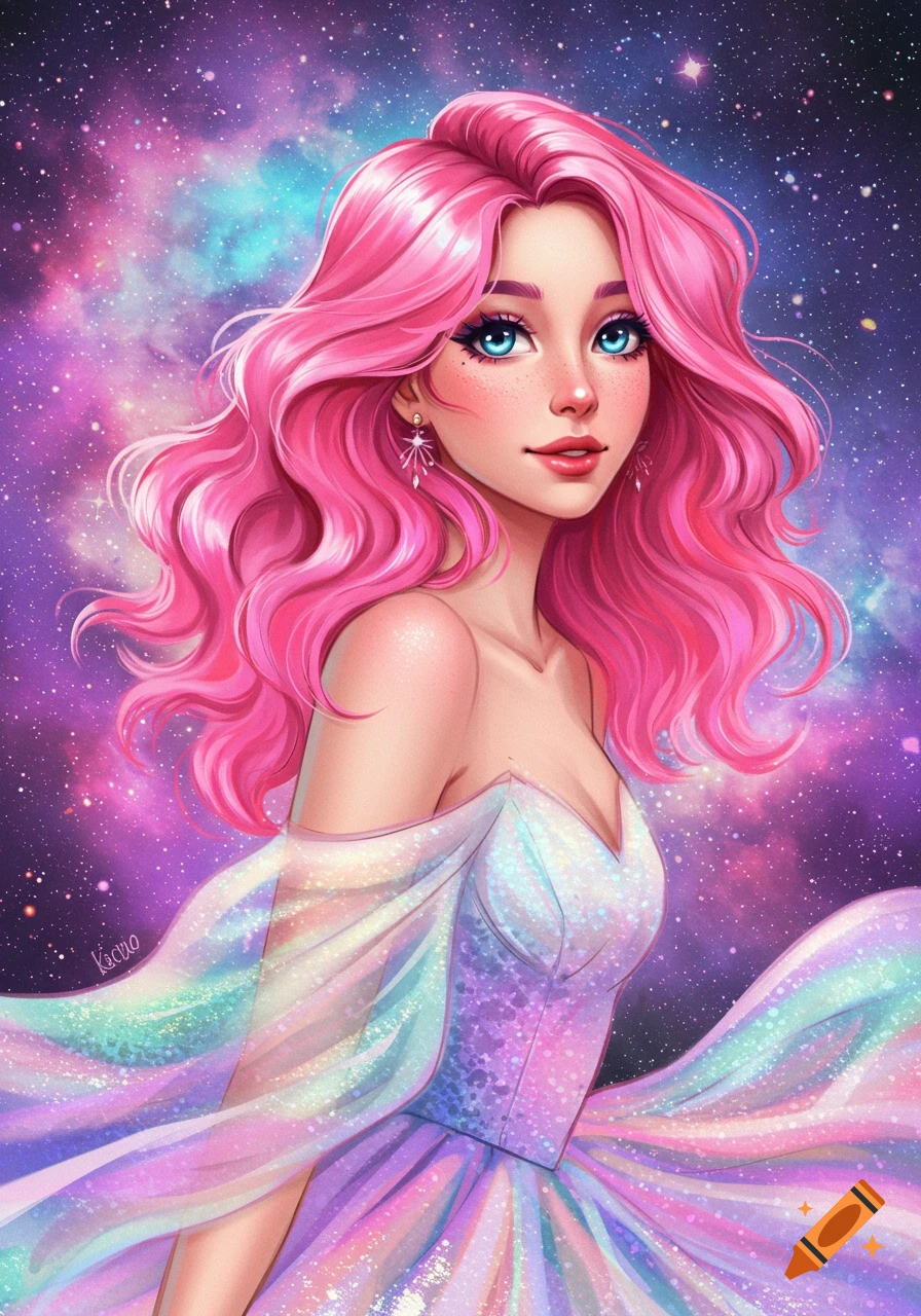 A woman with pink hair wears a sparkly dress against a starry galaxy background.