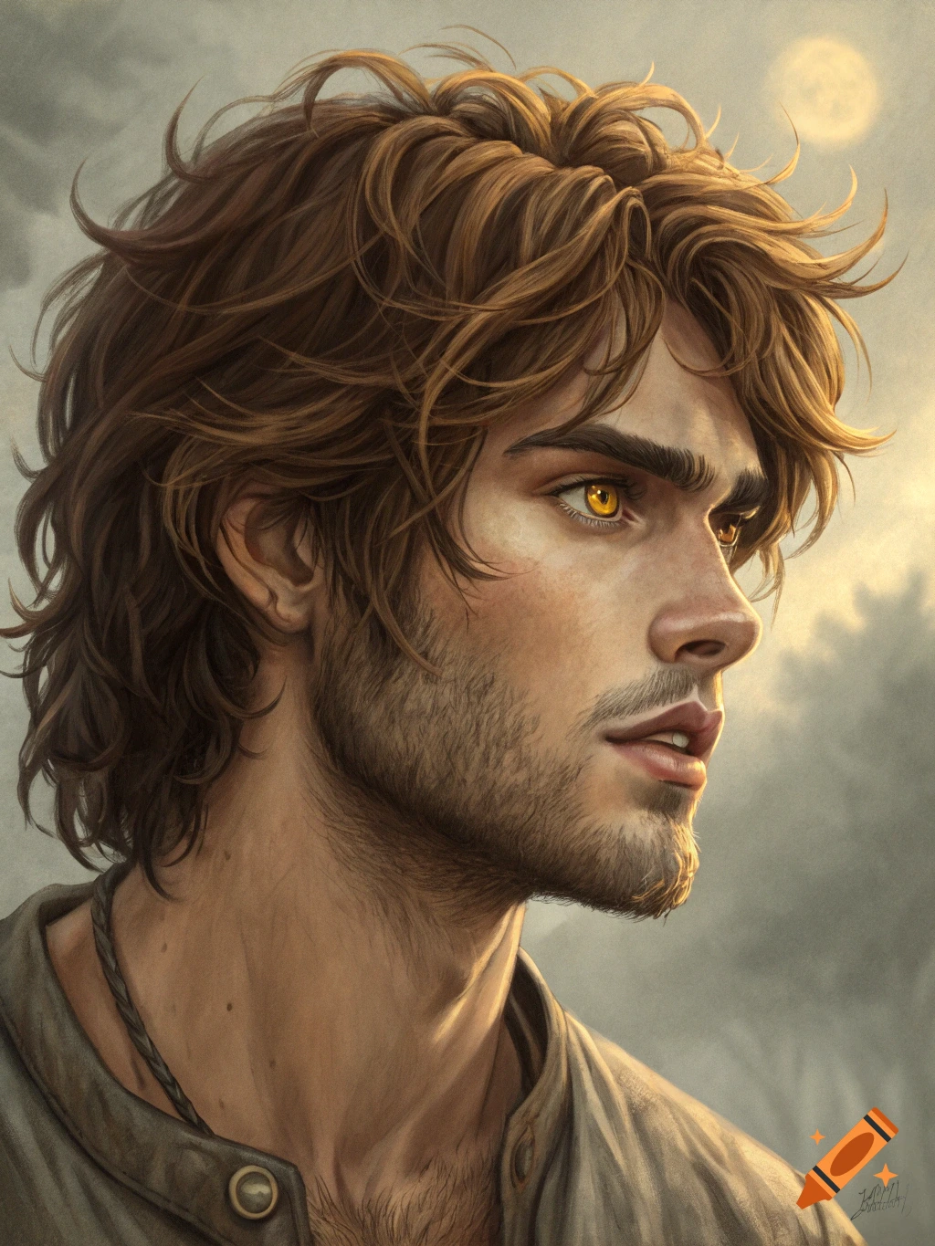A detailed portrait of a man with messy brown hair, golden eyes, and stubble, looking towards the light.