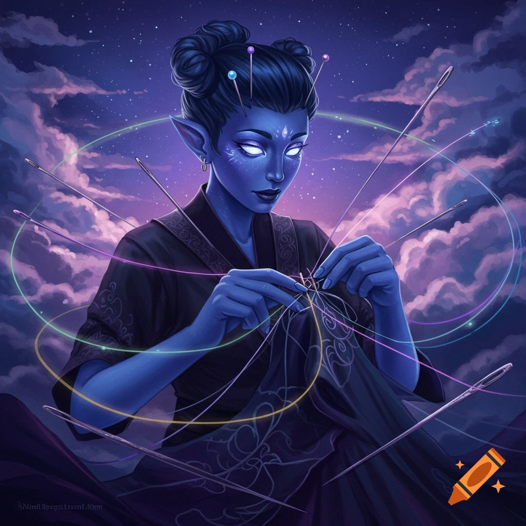 A blue-skinned fantasy character sews with glowing threads and needles in a cosmic sky.