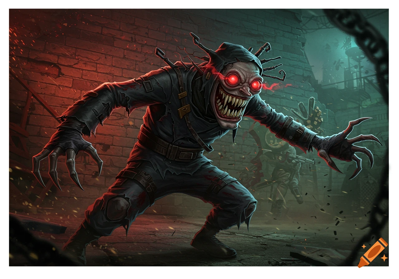 A grotesque monster with glowing red eyes and sharp claws lunging forward in a dark brick alley.