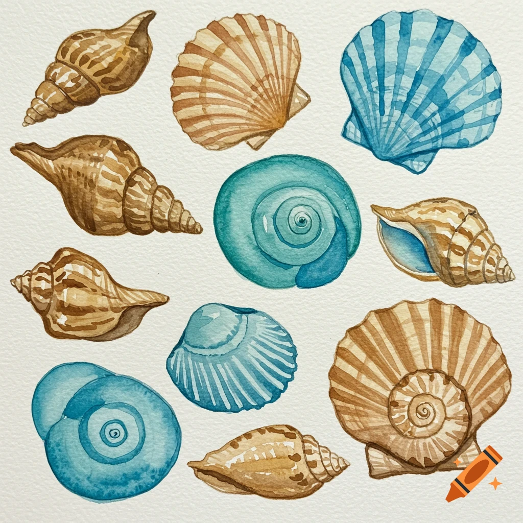 A collection of brown and blue watercolor seashells on a white background.
