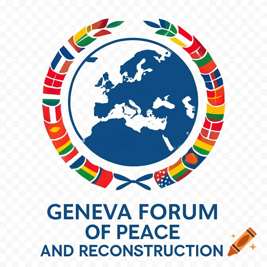 Logo with Eurocentric world map, flag wreath, and text 'Geneva Forum of Peace and Reconstruction'.