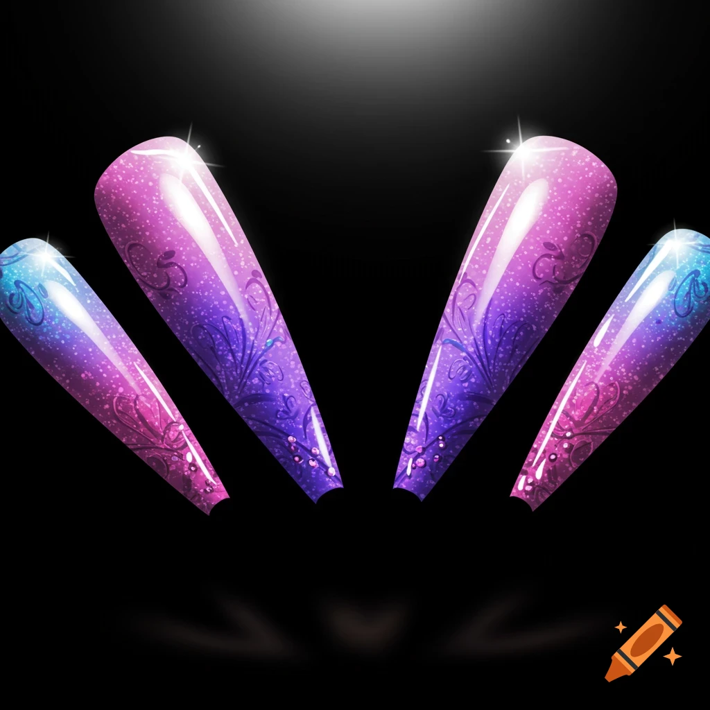 Glitter gradient nail art with purple patterns on a black background.