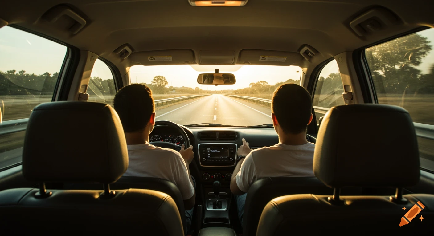 View from the back seat of two people driving in a car on a sunny highway.
