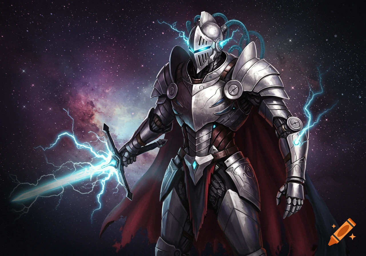 A robotic knight in silver and red armor with a glowing sword is in space with lightning effects.