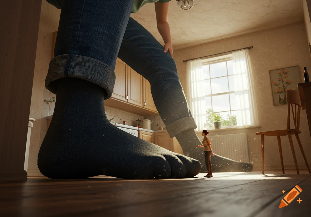 Low angle view of a giant person's socked foot and jean leg towering over a tiny person in a kitchen.
