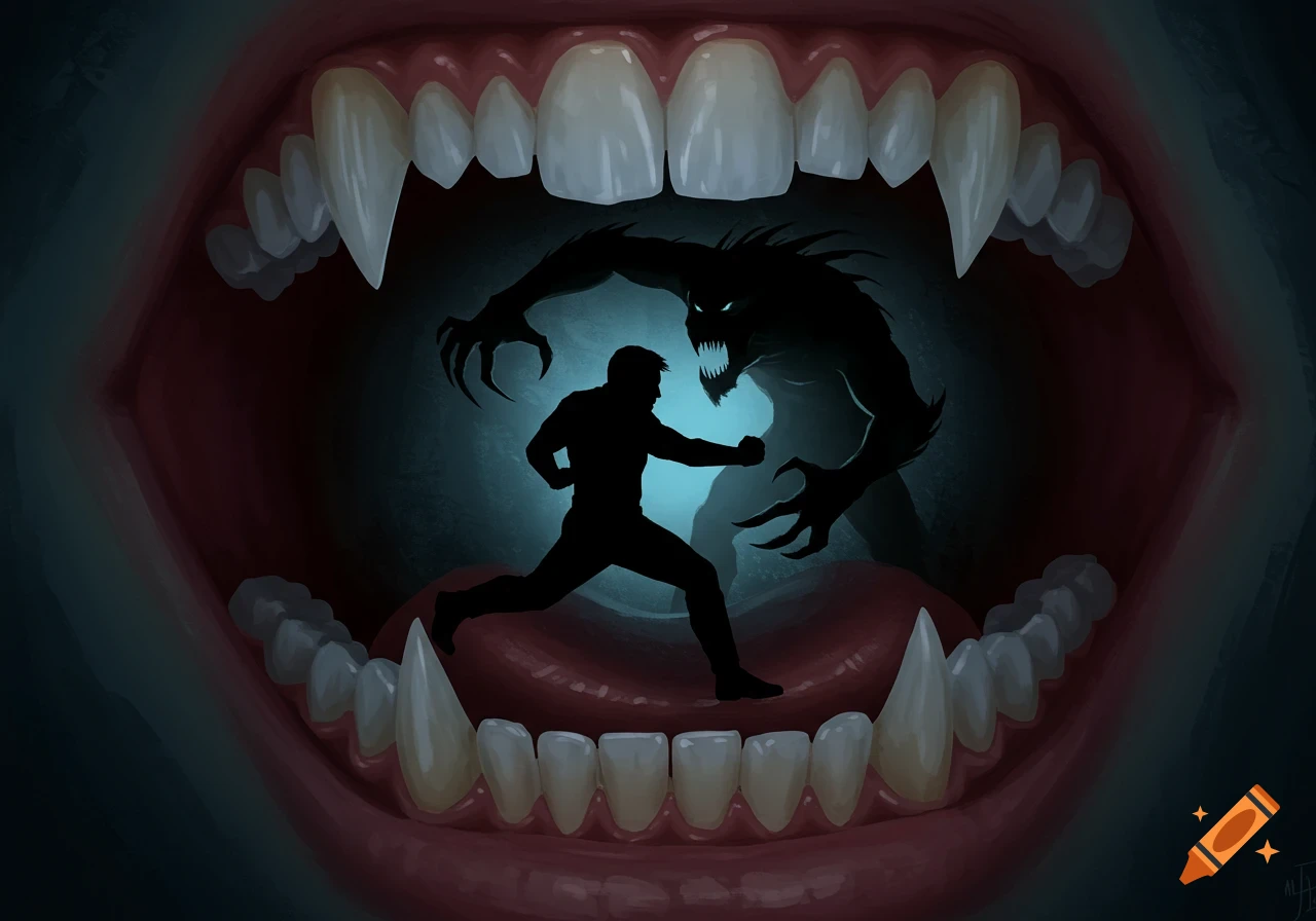 Inside a large open mouth is a silhouette of a man fighting a monster.