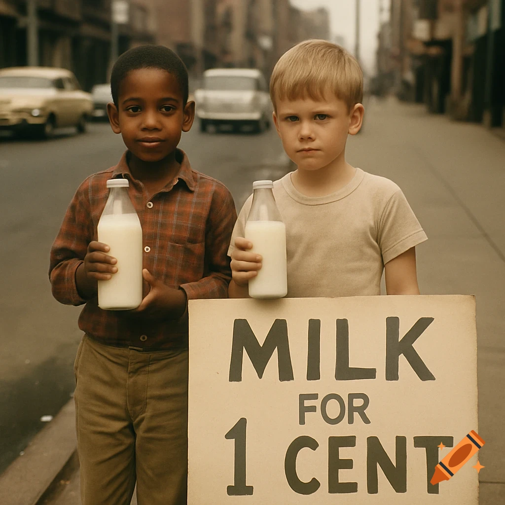 Two boys hold milk bottles next to a sign advertising 'MILK FOR 1 CENT' on a street in a vintage photo.