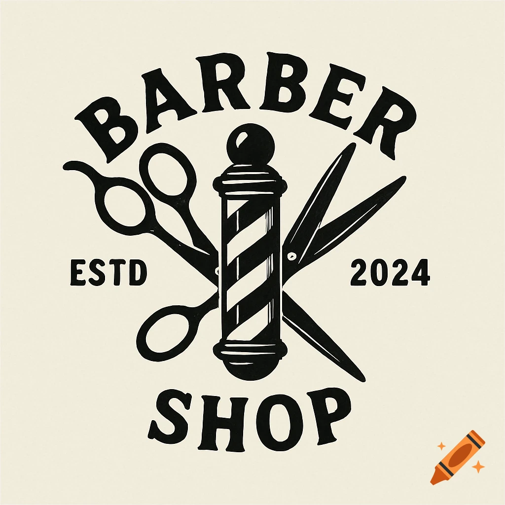 Black and white barber shop logo with crossed scissors, barber pole, and text 'BARBER ESTD 2024 SHOP'.