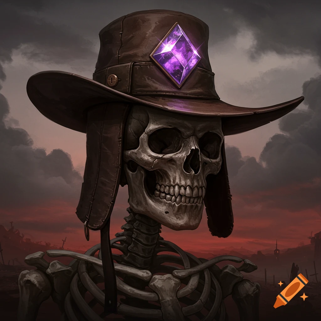 A skeleton wearing a leather hat with a purple gem, against a dark, cloudy, red sky background.