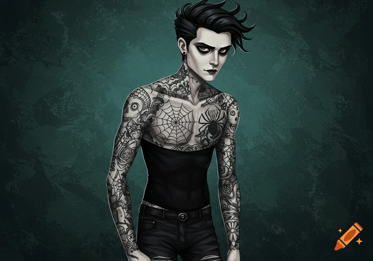 A goth person with extensive tattoos in a stylized art style.