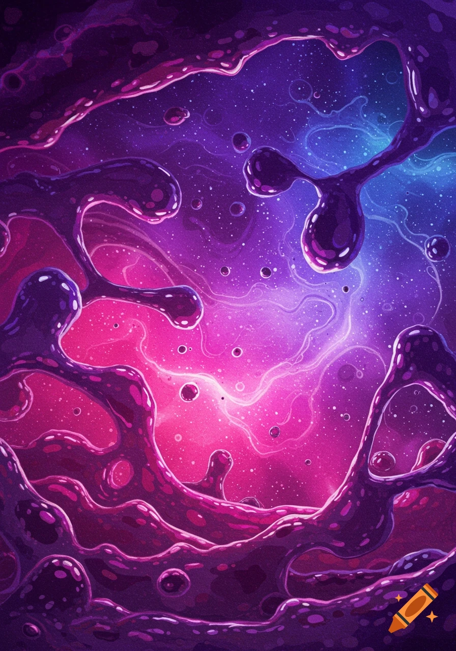 Abstract of purple ooze flowing through a starry pink and blue cosmic background.