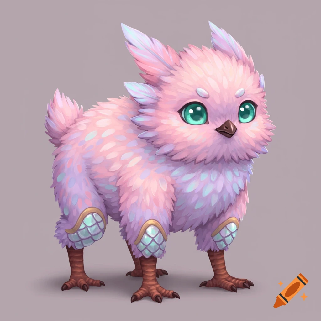 A fluffy pink fantasy creature with large green eyes and armor plates on its legs.