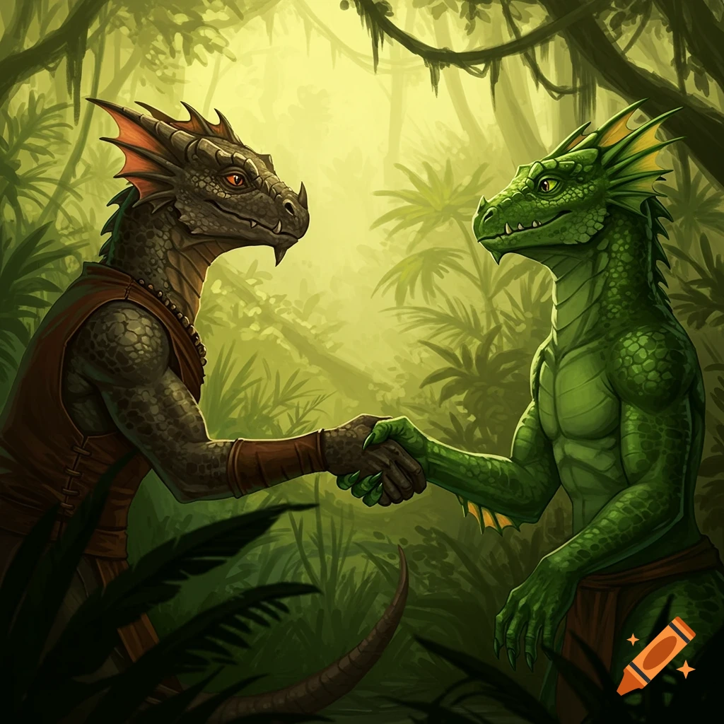Two reptilian Argonian characters shake hands in a jungle setting.