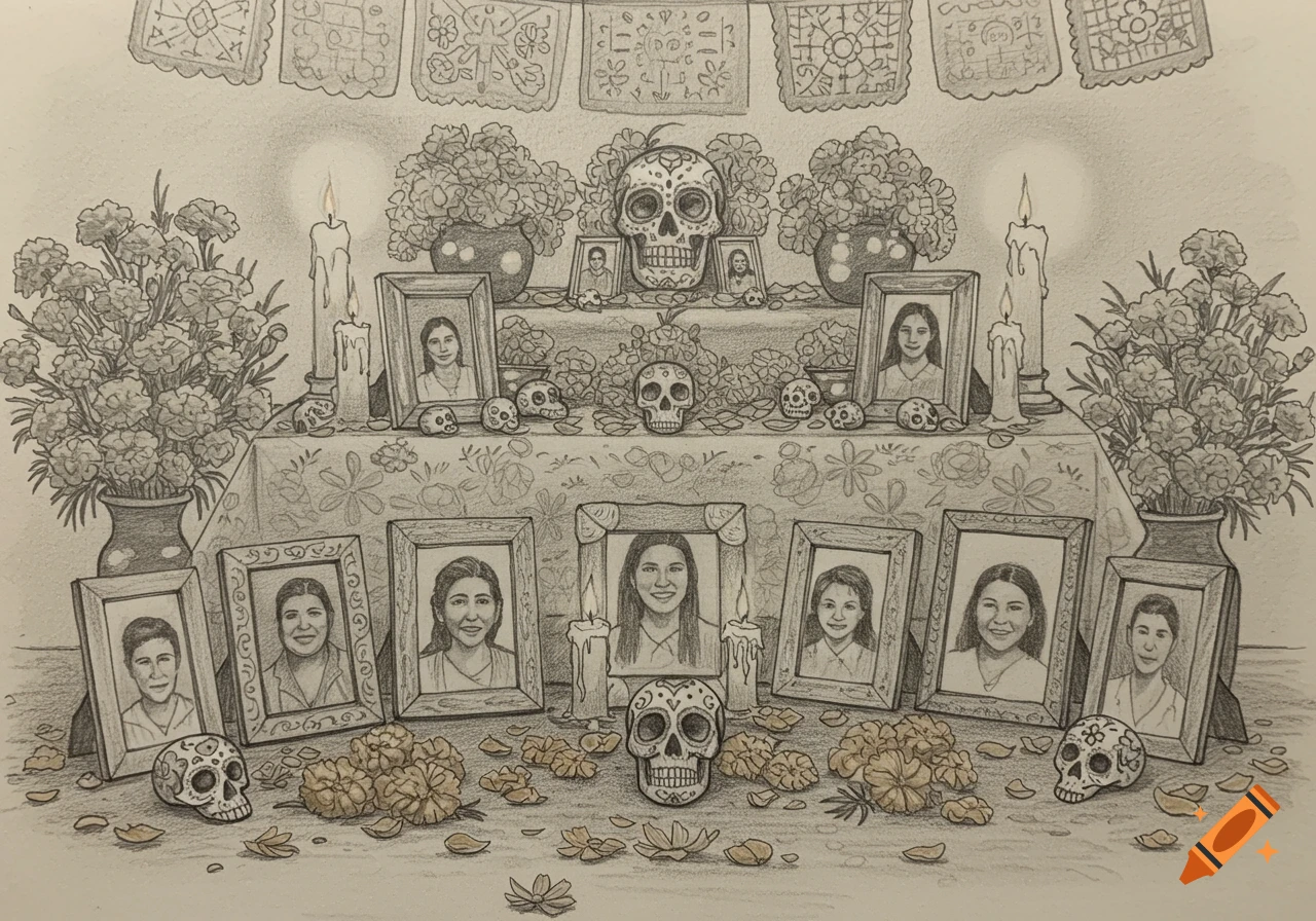 Pencil sketch of a Day of the Dead altar with photos, sugar skulls, flowers, candles, and paper banners.