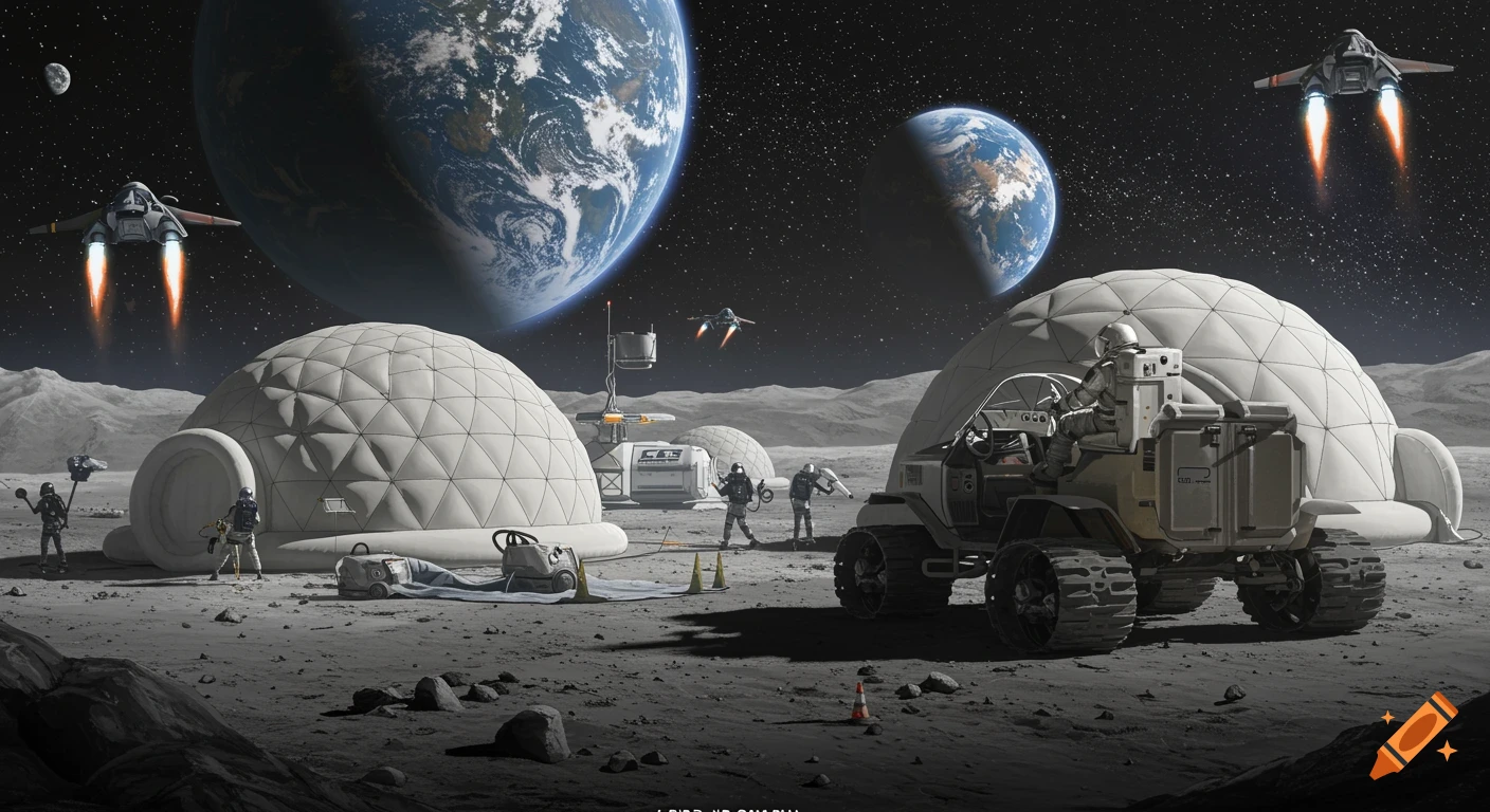 Realistic illustration of a moon base with inflatable domes, astronauts, vehicles, and spaceships, with Earth visible in the sky.