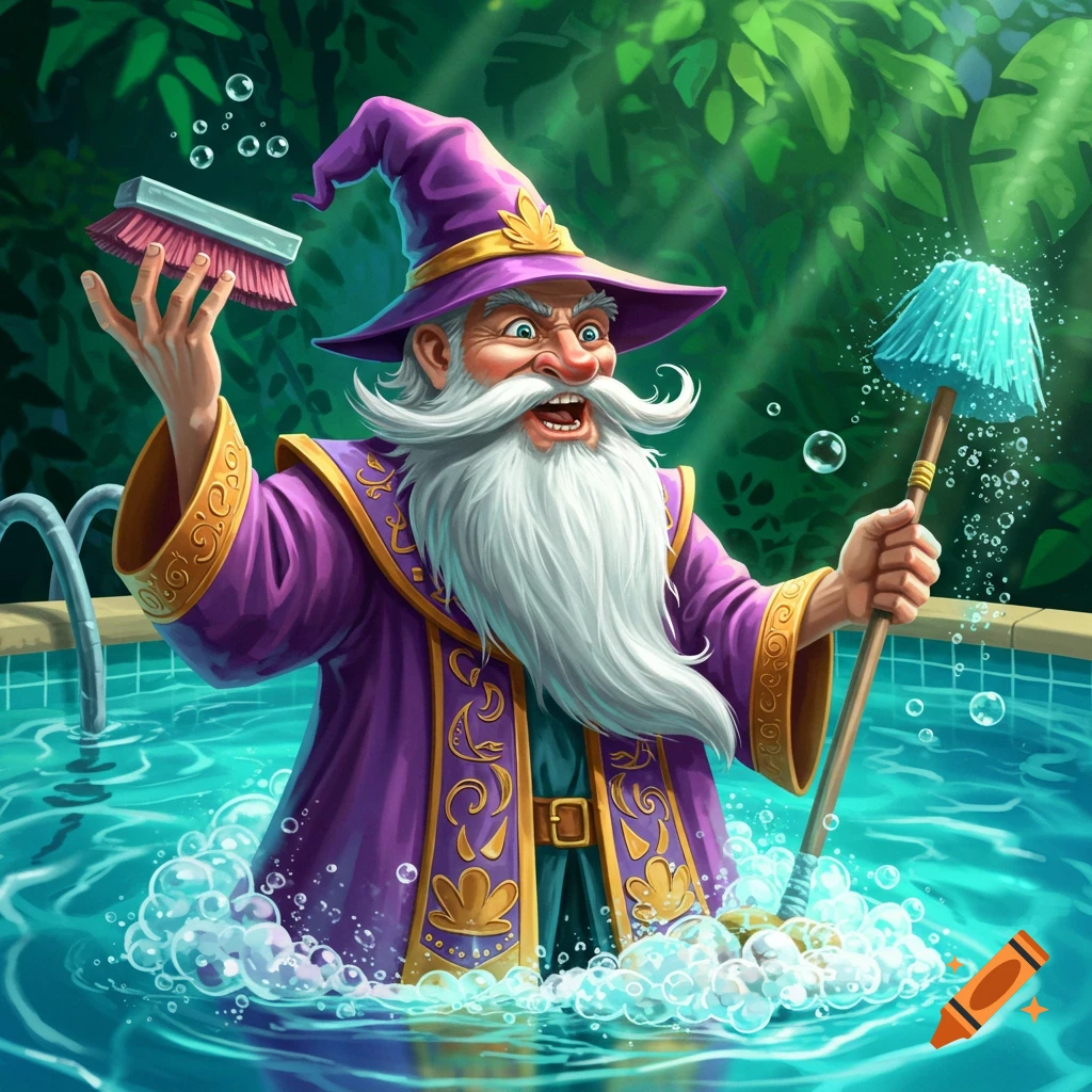 An angry wizard is cleaning a swimming pool with brushes and bubbles.