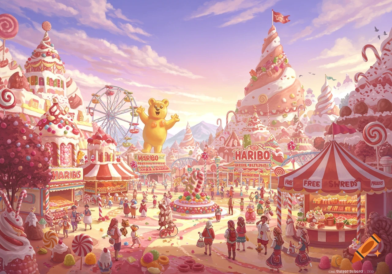 A bright candy land fairground with a giant gummy bear statue, Ferris wheel, and tents.