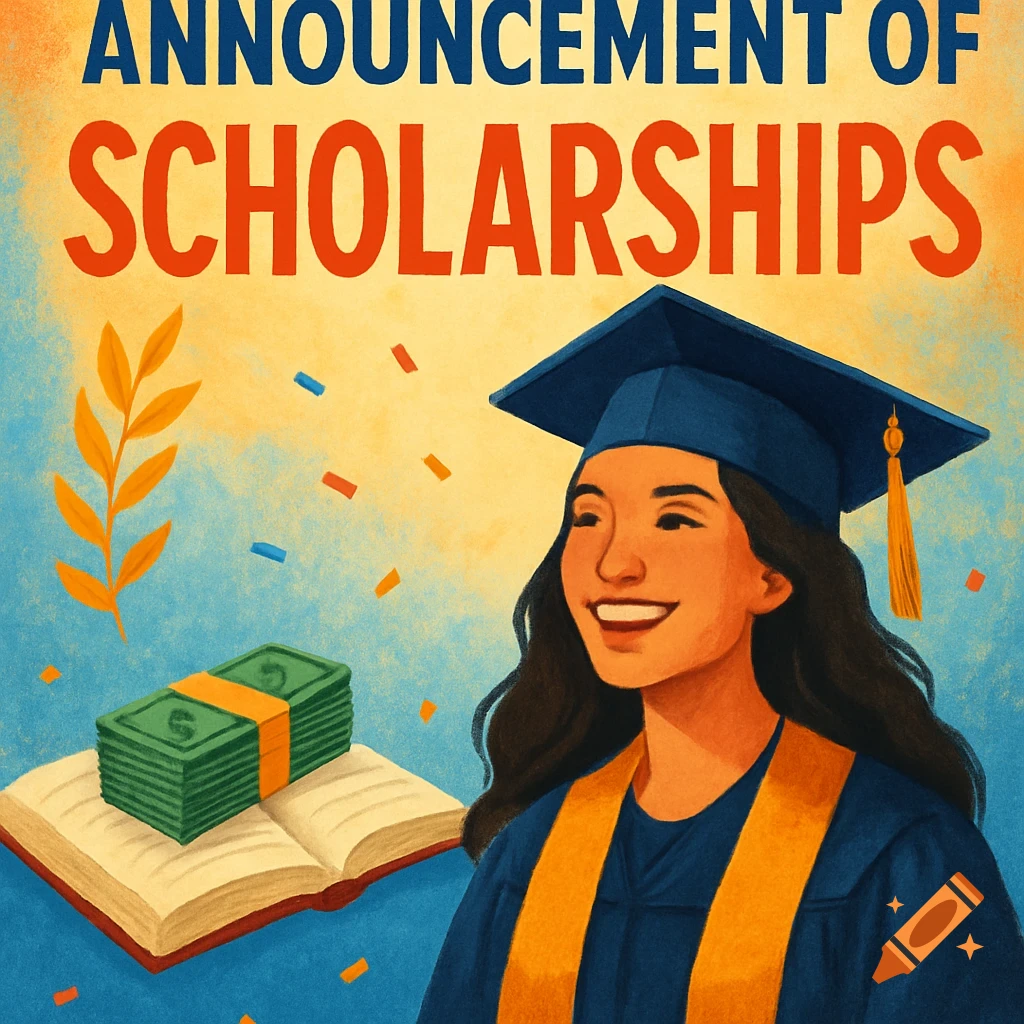 A graduate, money, book, and text 'ANNOUNCEMENT OF SCHOLARSHIPS'.