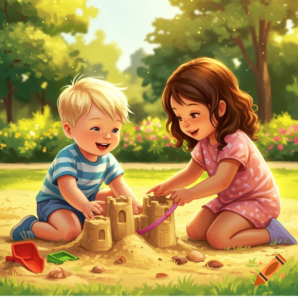 Two children are playing in a sandpit, building a sandcastle.