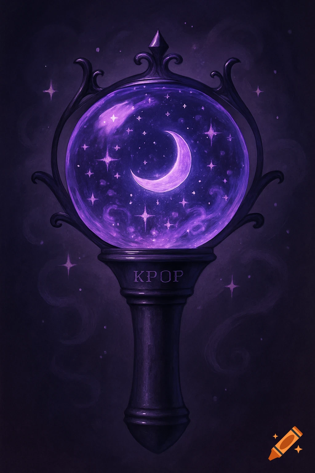 A dark purple KPOP lightstick with a crystal sphere containing a moon and stars.