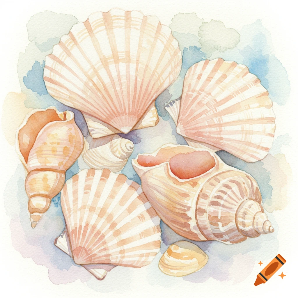 A collection of light cream and pink watercolor seashells on a light background.