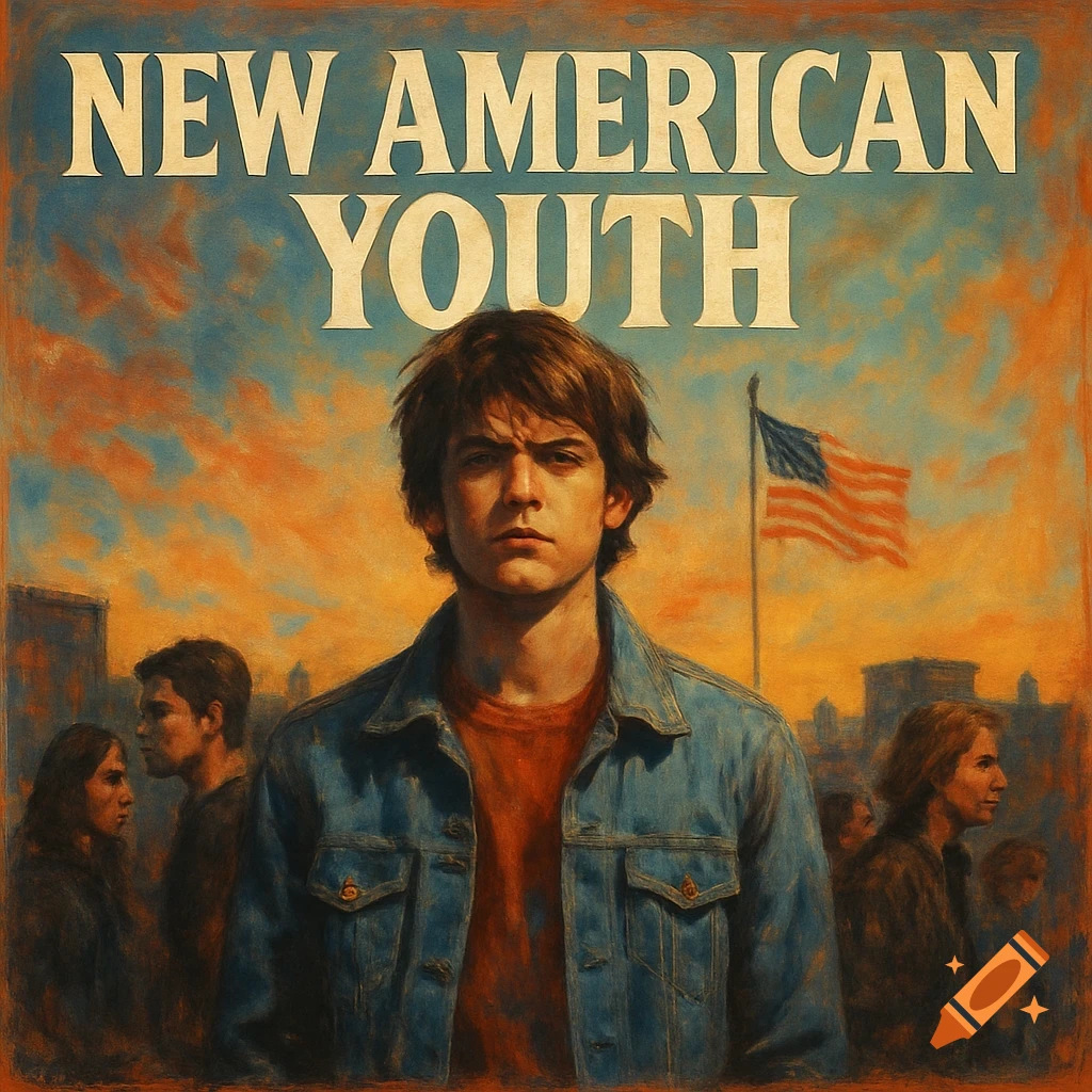 A young man in a denim jacket with an American flag and text "NEW AMERICAN YOUTH".