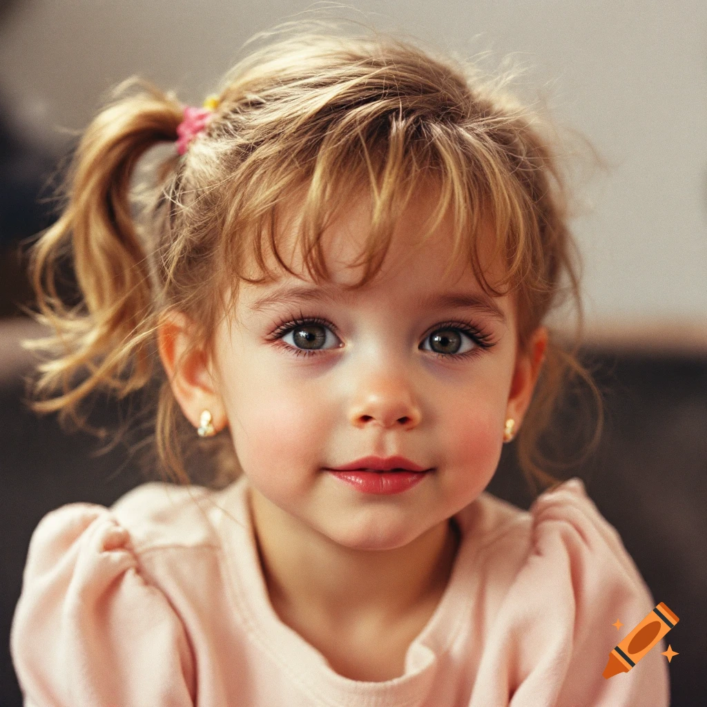Close-up portrait of a young girl with blonde hair and a ponytail, wearing a pink shirt and earrings.