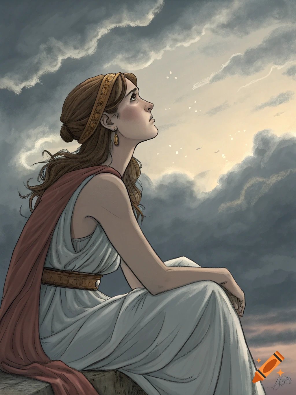 A woman in ancient Greek clothing sits looking sadly up at a cloudy sky.