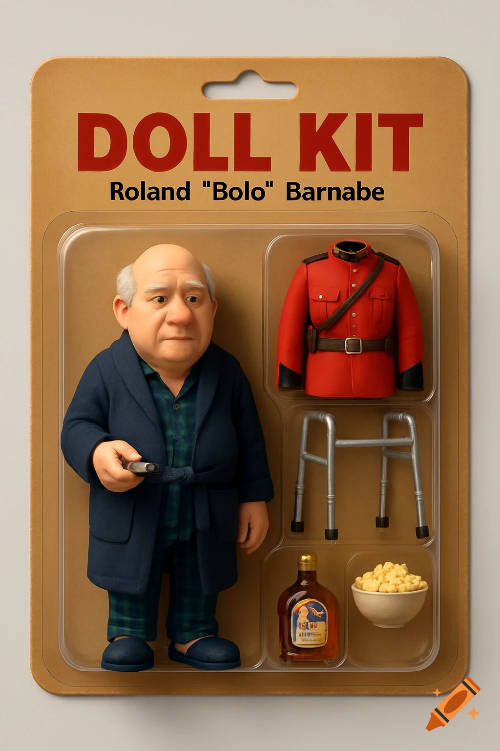 Toy packaging for a "DOLL KIT" of Roland "Bolo" Barnabe, including figure in pajamas, RCMP uniform, walker, whiskey, and popcorn.