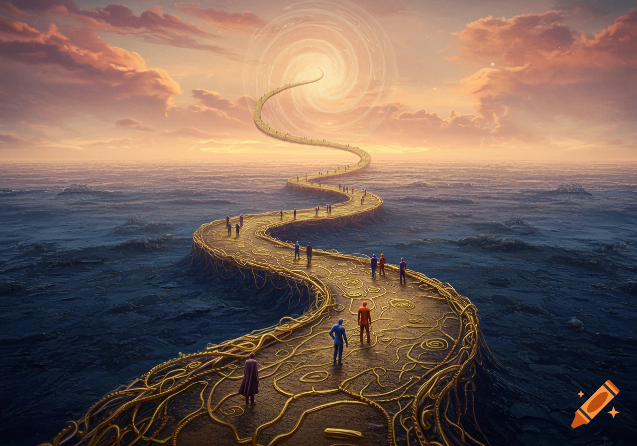 A golden, winding path over water under a sunset sky, leading towards a swirling light with small figures walking along it.