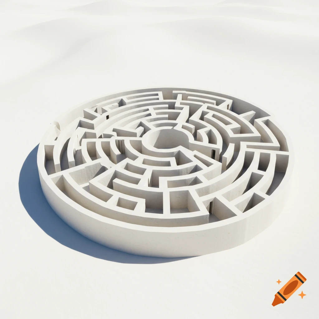 A circular labyrinth structure sits in a white desert.