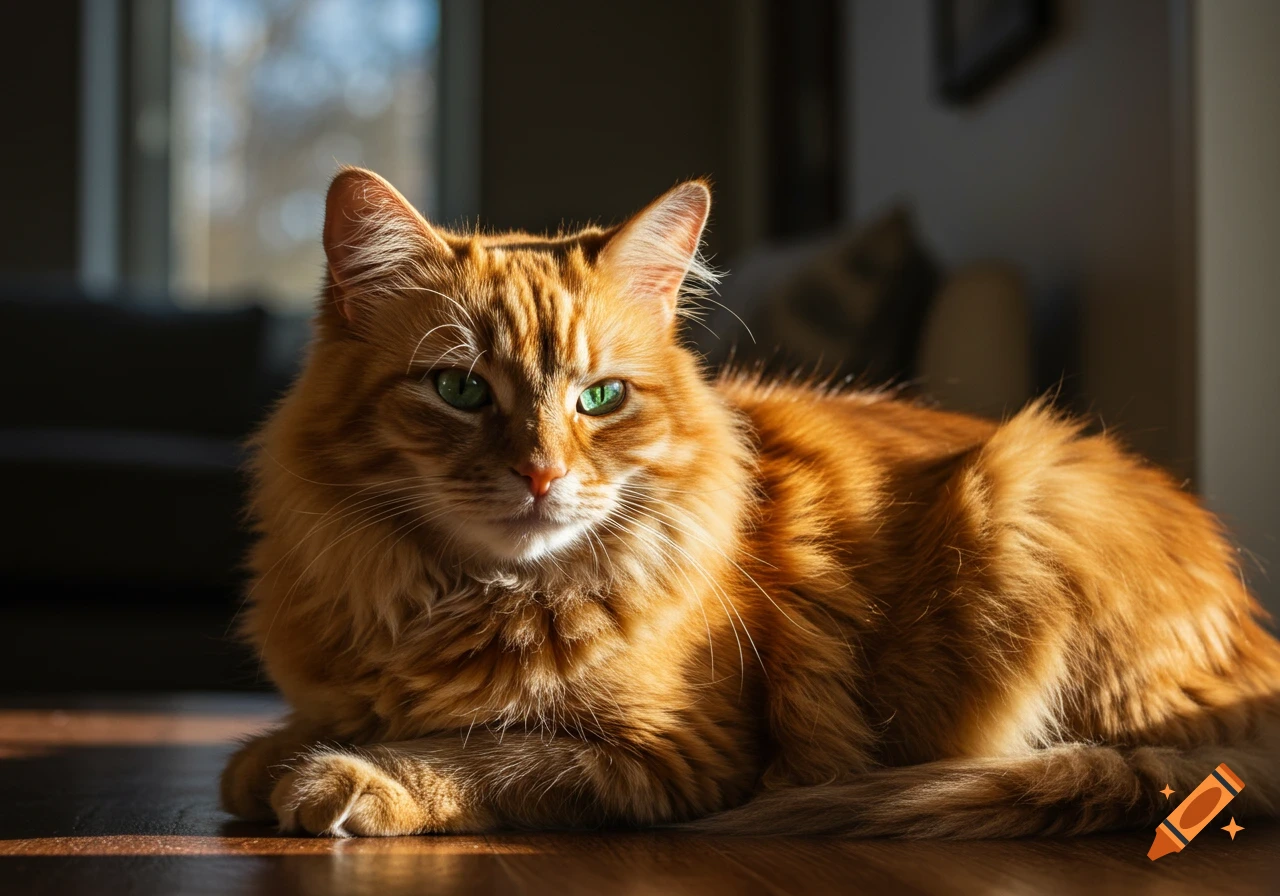 An orange cat with green eyes lies on a wooden floor in sunlight.