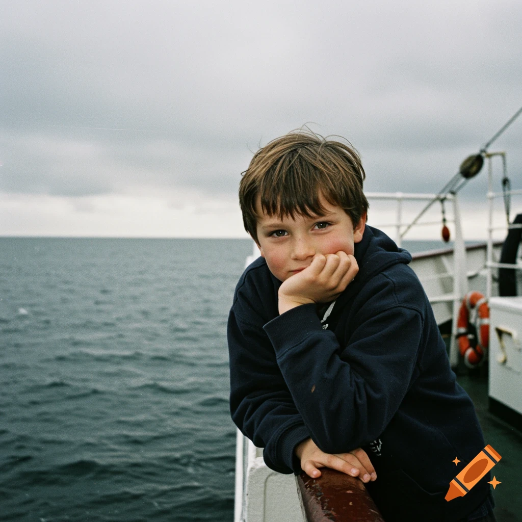 Young boy leans on a railing of a ship on a cloudy day, looking at the camera. 1990s photo style.