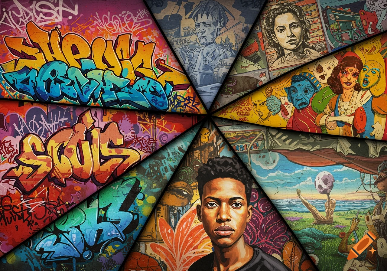 A montage of triangular segments featuring graffiti, portraits, and a surreal landscape in various art styles.