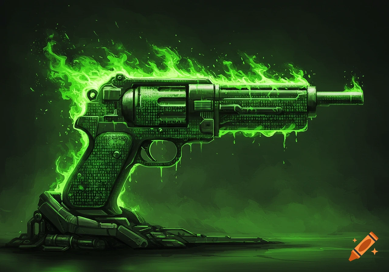A revolver textured with green binary code, outlined by glowing green flames, rests on a metallic base.