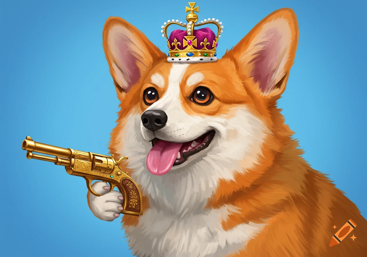 A corgi wearing a crown and holding a golden gun