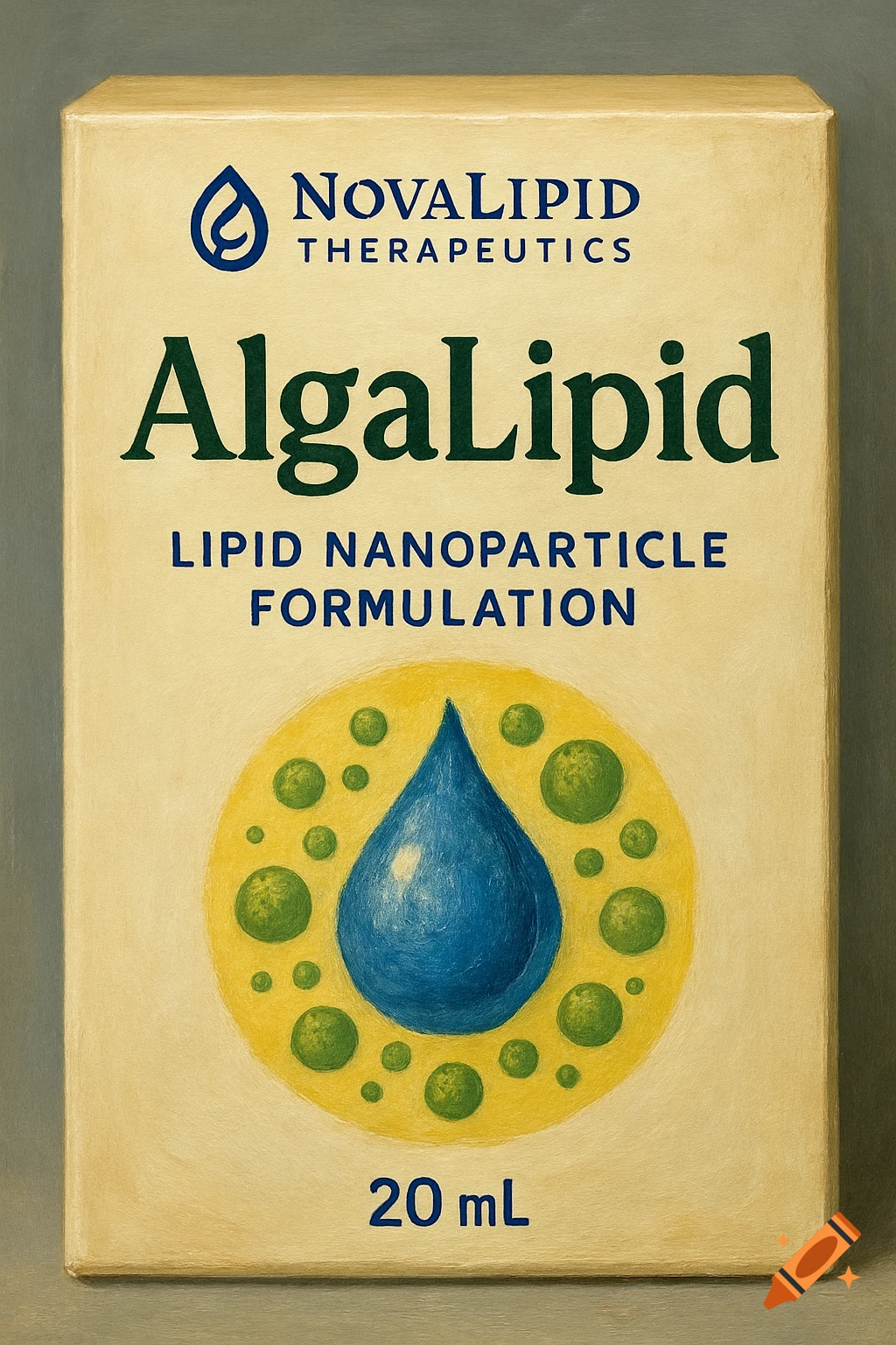 A product box for AlgaLipid, showing a blue droplet, green spheres, and text labels.