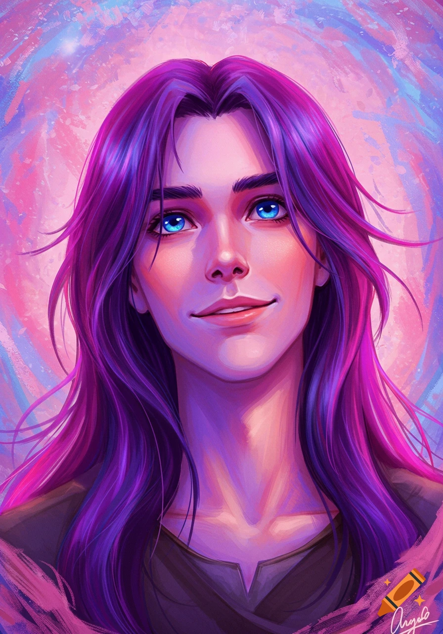 A young man with long purple hair and blue eyes.