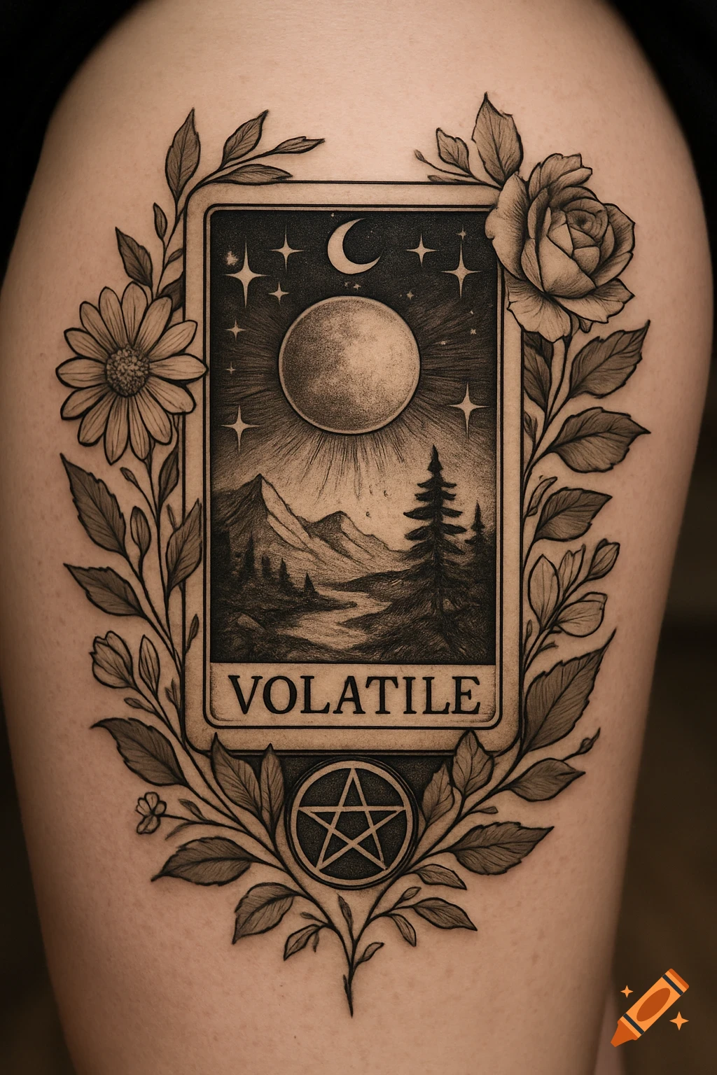 A tattoo on a thigh depicting a tarot card with a moon, stars, mountains, and river, framed by flowers and a pentagram, with the word VOLATILE.