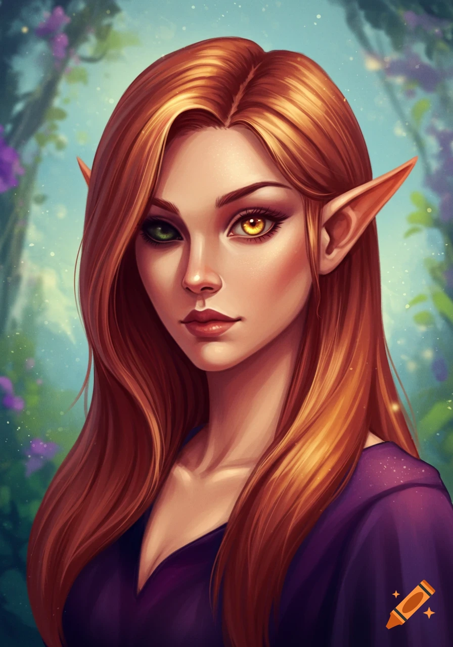 A female half-elf with heterochromia and long red hair in a forest.