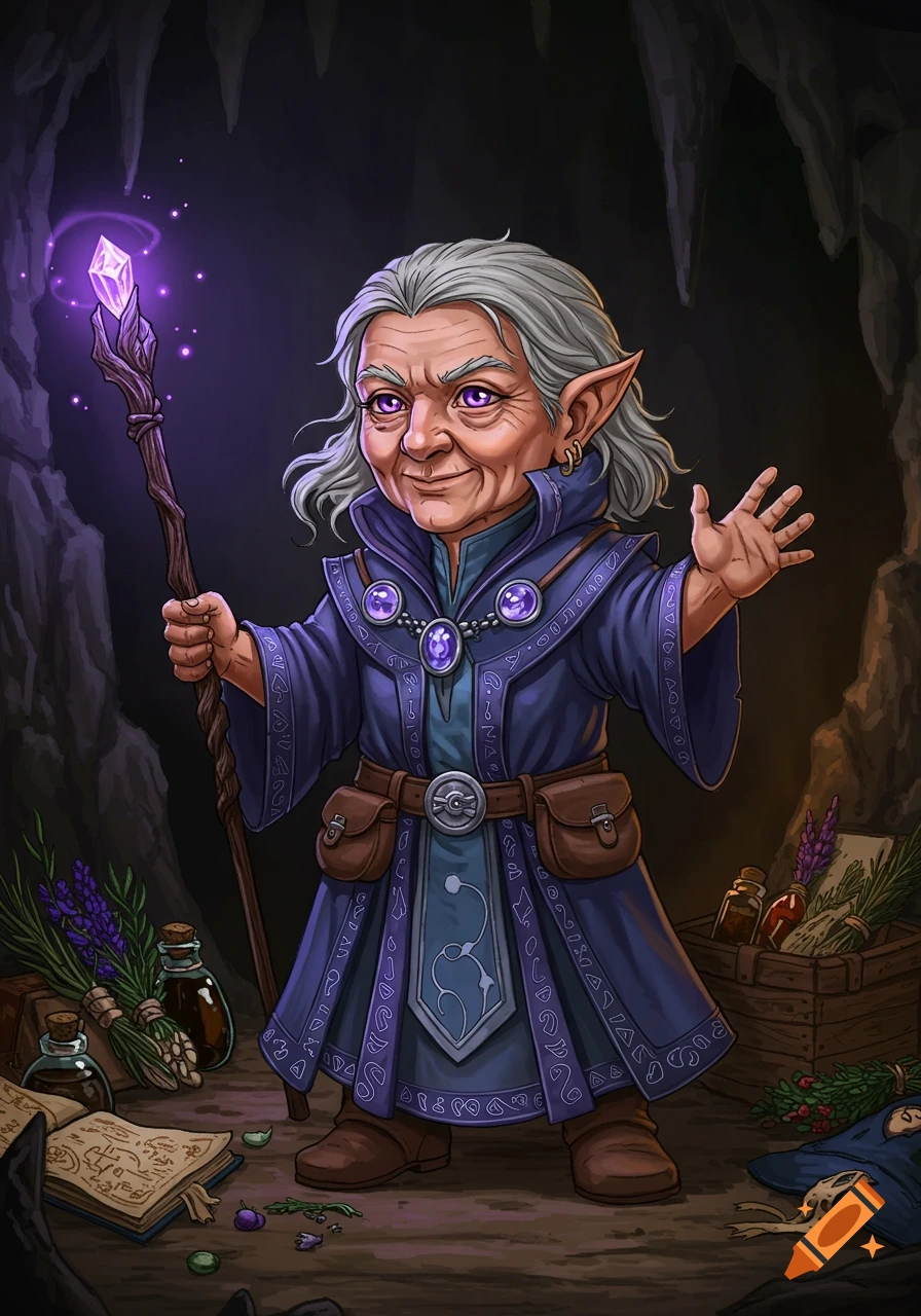 Old fantasy mage with grey hair, purple eyes, and staff holds hand up in a cave with books and potions, D&D style.