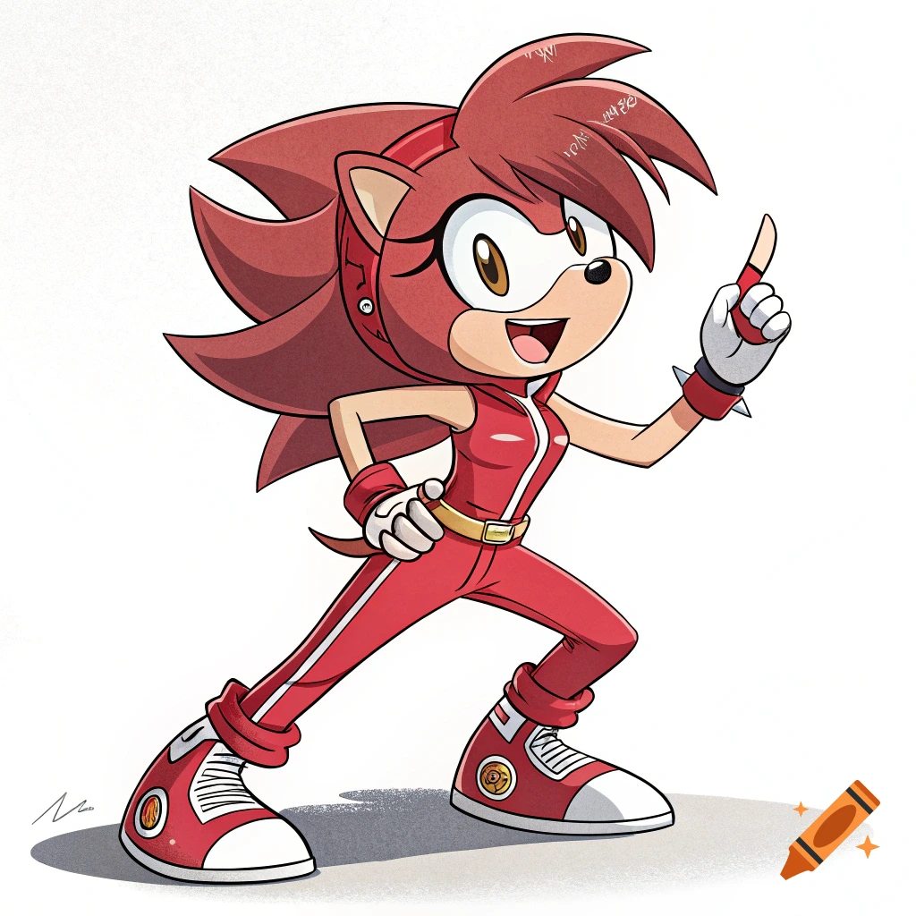 Cartoon red Sonic character in a red racing suit, pointing up