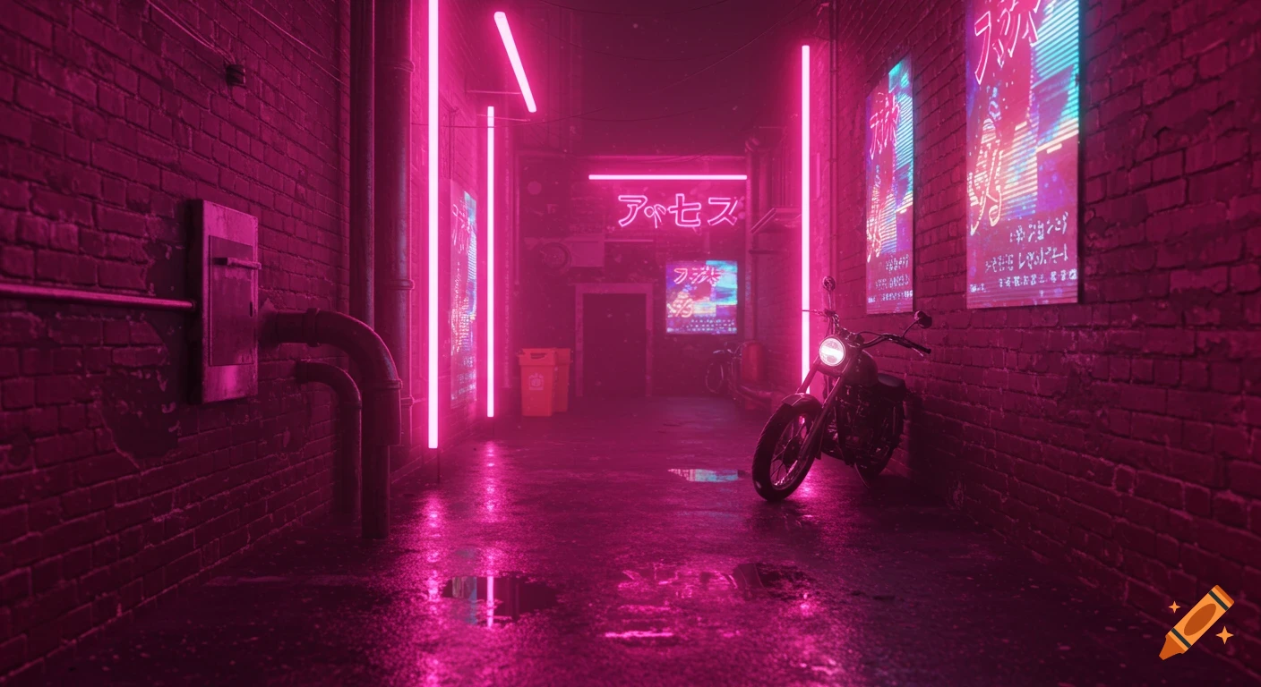Pink neon lights illuminate a wet brick alleyway with a motorcycle.