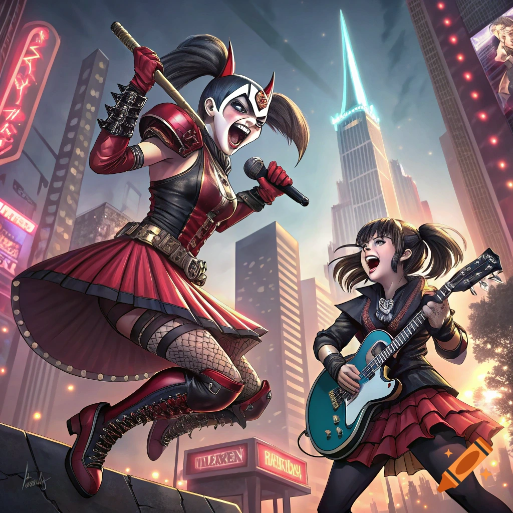 Two stylized female characters, one resembling Harley Quinn, perform music on a rooftop in a city at night.