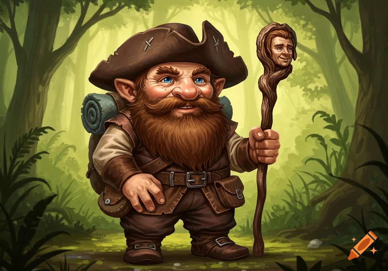 A smiling fantasy gnome with a beard and tricorn hat, holding a staff, in a forest.