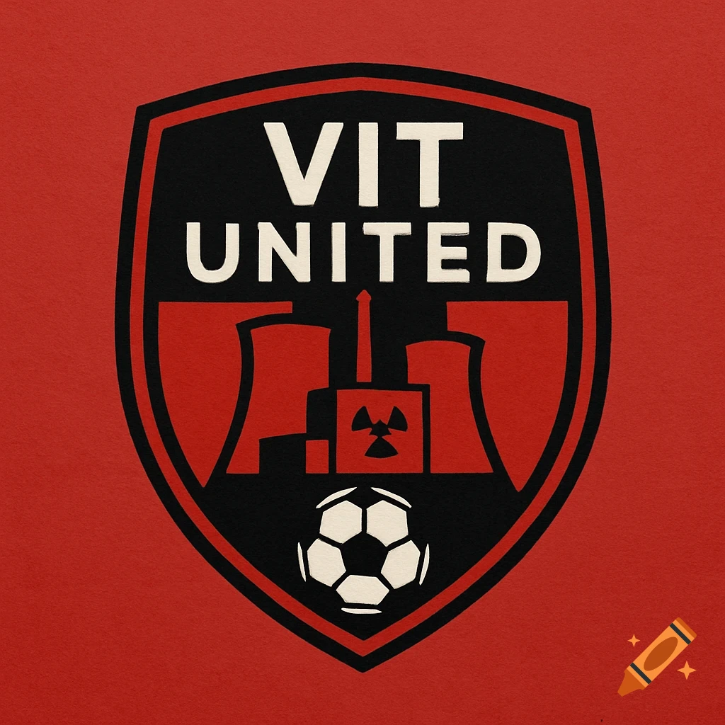 A red and black football badge with the text "VIT UNITED", a nuclear plant illustration, and a football.